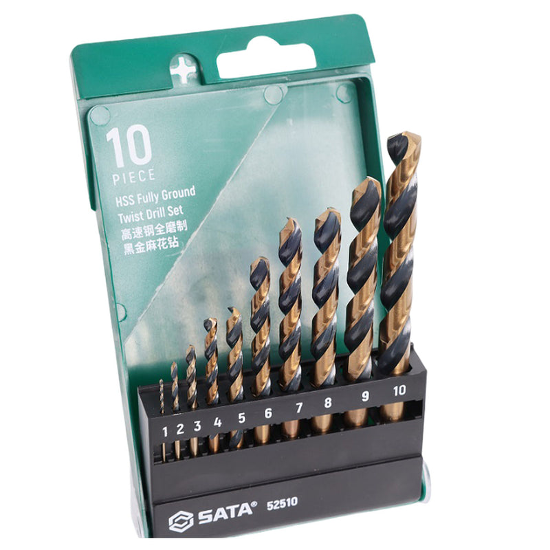Bộ mũi khoan kim loại chất liệu thép HSS-Tin đuôi trơn 10 chi tiết SATA 52510 kích thước từ 1mm - 10mm