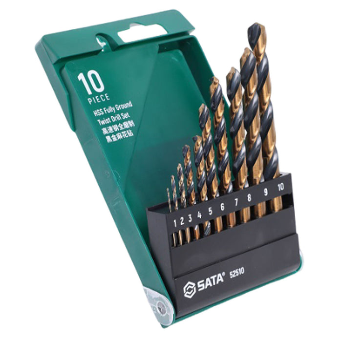 Bộ mũi khoan kim loại chất liệu thép HSS-Tin đuôi trơn 10 chi tiết SATA 52510 kích thước từ 1mm - 10mm