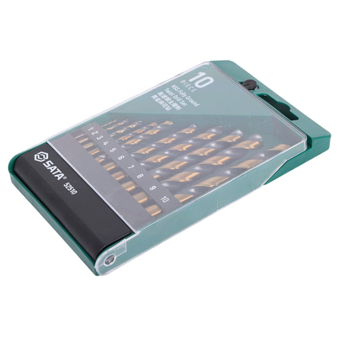 Bộ mũi khoan kim loại chất liệu thép HSS-Tin đuôi trơn 10 chi tiết SATA 52510 kích thước từ 1mm - 10mm