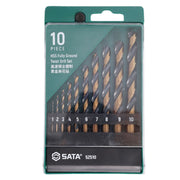 Bộ mũi khoan kim loại HSS-TiN 10 chi tiết SATA 52510, kích thước 1-10mm, mũi khoan xoắn, thép gió phủ Titan.