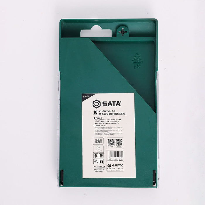 Bộ 10 mũi khoan HHS mạ Titan thân xoắn đuôi trơn SATA 52910A, Thép M15 (từ 1mm - 10mm)