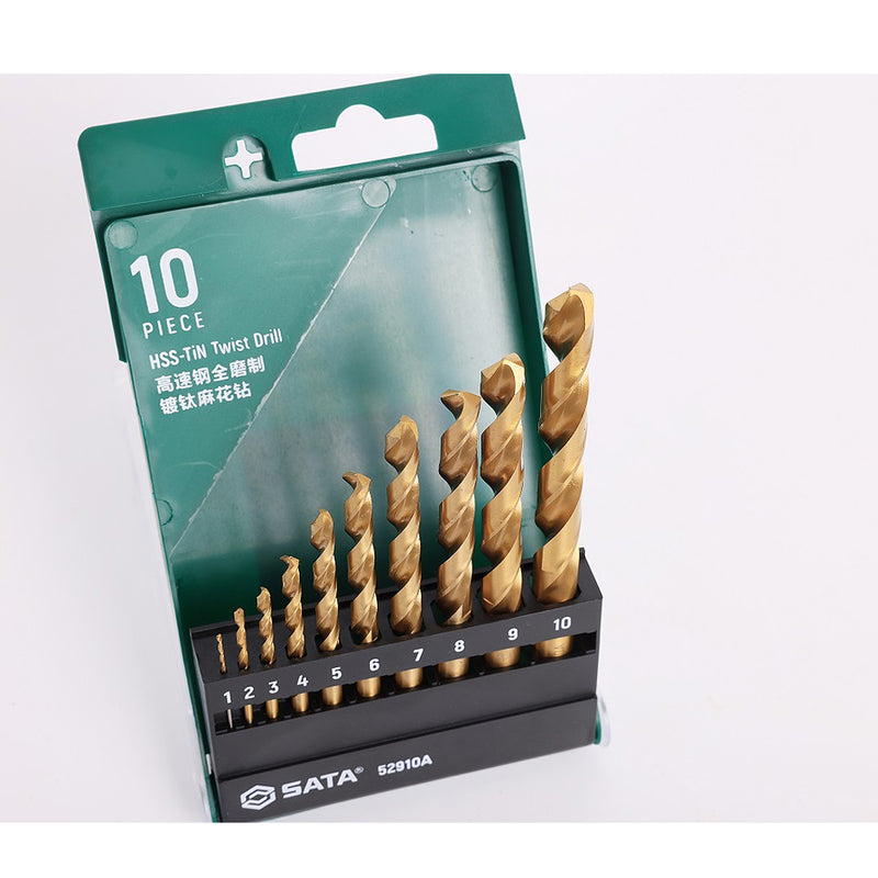 Bộ 10 mũi khoan HHS mạ Titan thân xoắn đuôi trơn SATA 52910A, Thép M15 (từ 1mm - 10mm)