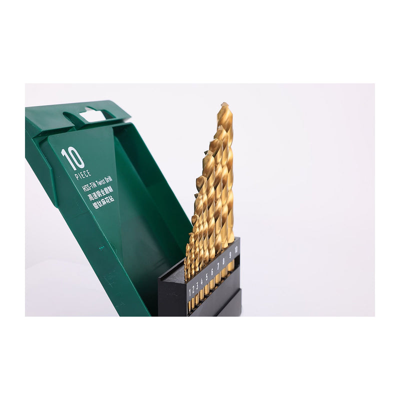 Bộ 10 mũi khoan HHS mạ Titan thân xoắn đuôi trơn SATA 52910A, Thép M15 (từ 1mm - 10mm)