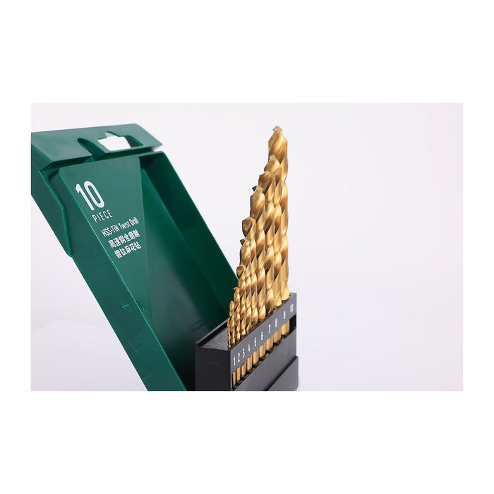 Bộ 10 mũi khoan HHS mạ Titan thân xoắn đuôi trơn SATA 52910A, Thép M15 (từ 1mm - 10mm)