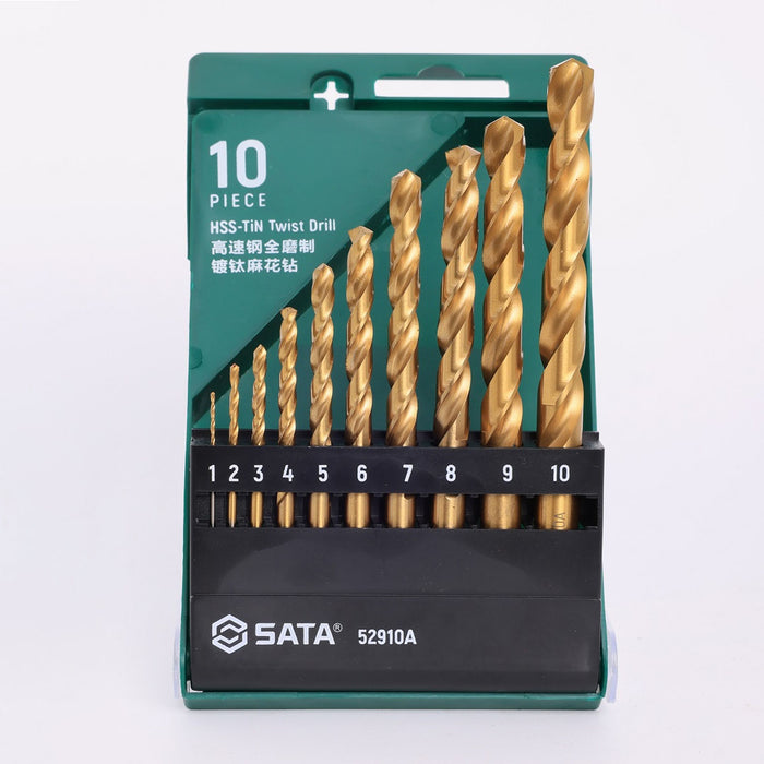 Bộ 10 mũi khoan HHS mạ Titan thân xoắn đuôi trơn SATA 52910A, Thép M15 (từ 1mm - 10mm)