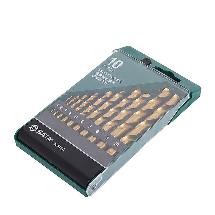 Bộ 10 mũi khoan HHS mạ Titan thân xoắn đuôi trơn SATA 52910A, Thép M15 (từ 1mm - 10mm)