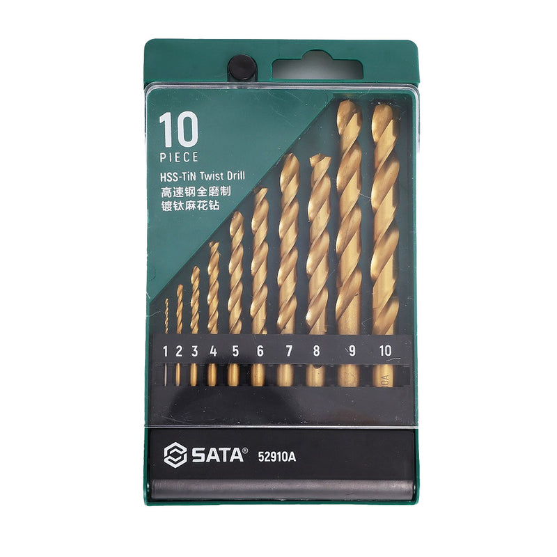 Bộ mũi khoan kim loại HSS-TiN 10 chi tiết SATA 52910A 1mm-10mm cho cơ khí, bảo trì.