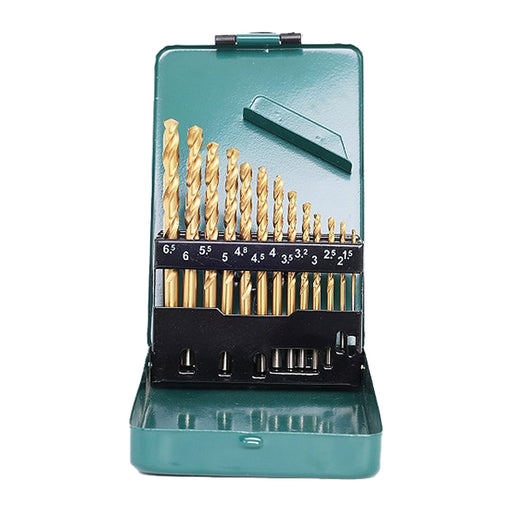 Bộ 13 mũi khoan kim loại HSS-TiN SATA 52913, kích thước 1.5mm-6.5mm, phủ Titanium, góc đỉnh 135° tự định tâm, hộp nhựa.