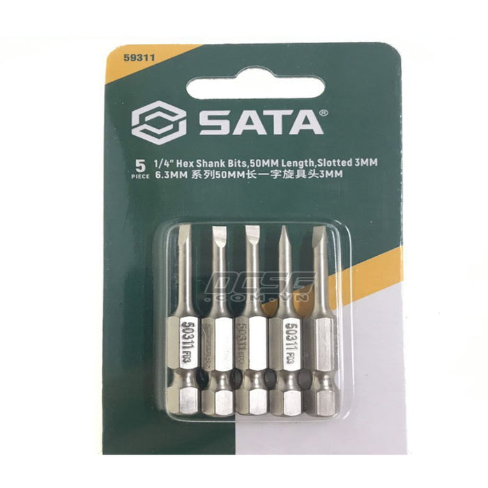 Bộ 5 đầu vít dẹp SATA cốt lục giác 6.35mm (1/4 inch), thân dài 50mm, thép S2 mạ Niken