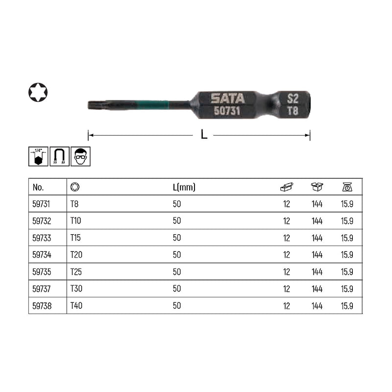 Bộ 10 mũi vặn vít đầu sao, dài 50mm SATA kích thước từ T8 - T40, đuôi lục giác 6.35mm (1/4 inch)