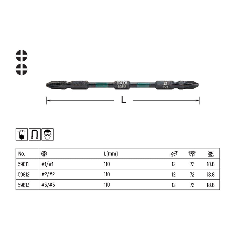Bộ 10 mũi vặn vít 2 đầu bake, dài 110mm SATA kích thước từ PH1 - PH3, đuôi lục giác 6.35mm (1/4 inch)