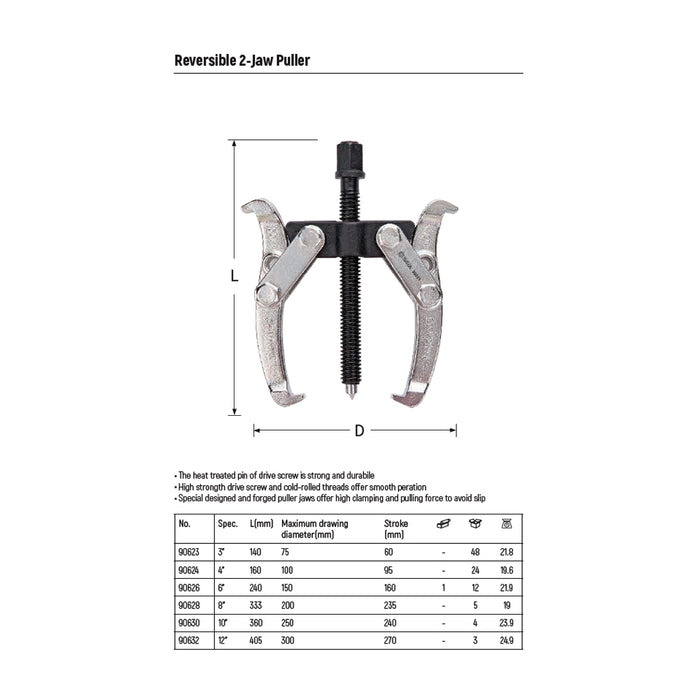 Cảo 2 chấu 3inch - 12inch. Đầu trục gá được xử lý nhiệt, đảm bảo độ bền  Thiết kế mặt bích phần mở rộng đảm bảo đầu lục giác nguyên vẹn khi gõ SATA