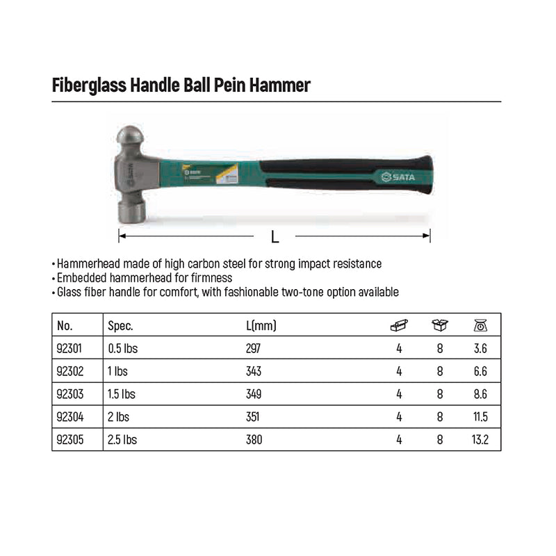 Búa đầu tròn cán sợi thủy tinh. Đầu búa bằng thép carbon SATA