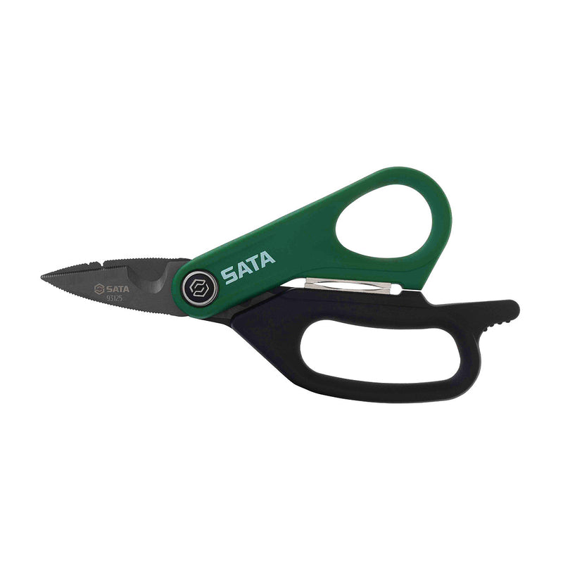 Kéo cắt đa năng SATA 93125 lưỡi Titanium chống ăn mòn, có răng cưa khoan ống nhựa, tay cầm chống trượt.