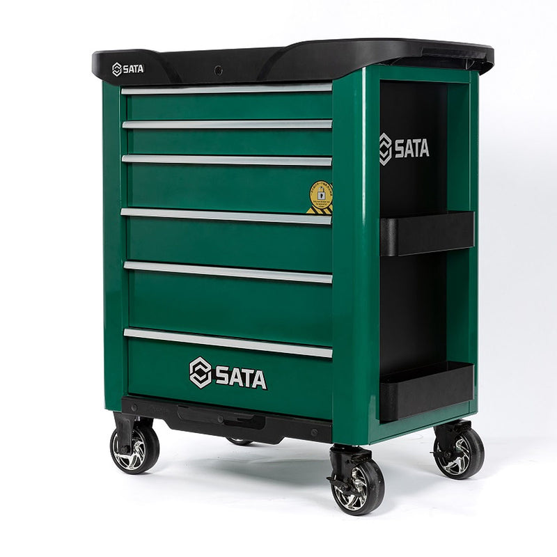 Tủ dụng cụ 6 ngăn khóa liên động SATA 95107G xanh lá tải trọng 400kg, ray bi, lót EVA, sơn tĩnh điện.