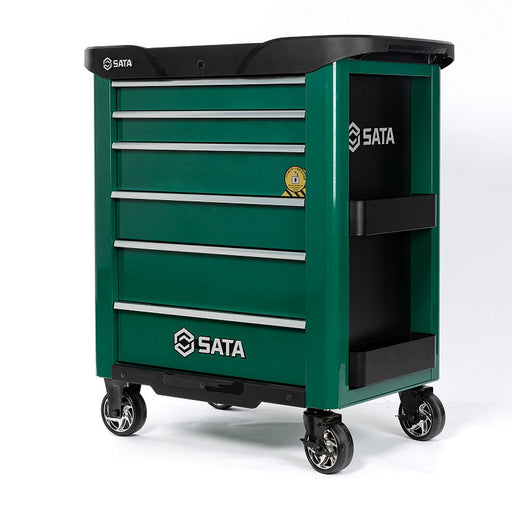 Tủ dụng cụ 6 ngăn khóa liên động SATA 95107G xanh lá tải trọng 400kg, ray bi, lót EVA, sơn tĩnh điện.