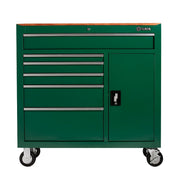 Tủ đựng dụng cụ 8 ngăn kéo SATA 95109 màu xanh lá, có mặt bàn gỗ, bánh xe di chuyển, tải trọng lớn, lý tưởng cho xưởng cơ khí.