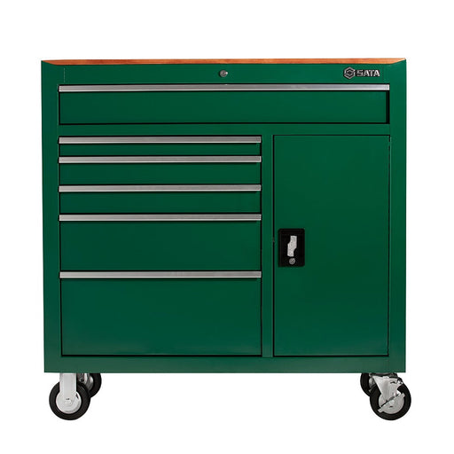 Tủ đựng dụng cụ 8 ngăn kéo SATA 95109 màu xanh lá, có mặt bàn gỗ, bánh xe di chuyển, tải trọng lớn, lý tưởng cho xưởng cơ khí.
