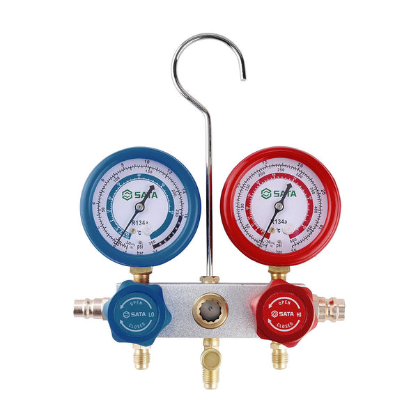 Đồng hồ nạp gas lạnh SATA AE5741 2 van R134a, bộ kiểm tra áp suất điều hòa ô tô 2 van.