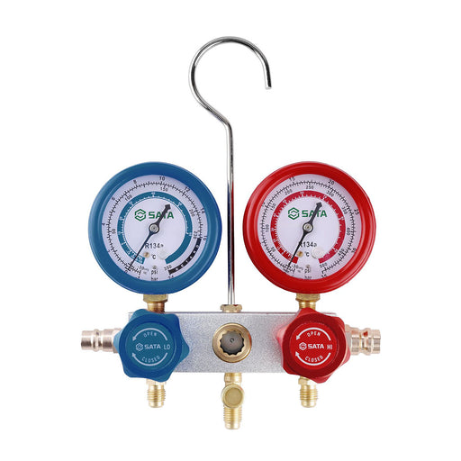 Đồng hồ nạp gas lạnh SATA AE5741 2 van R134a, bộ kiểm tra áp suất điều hòa ô tô 2 van.