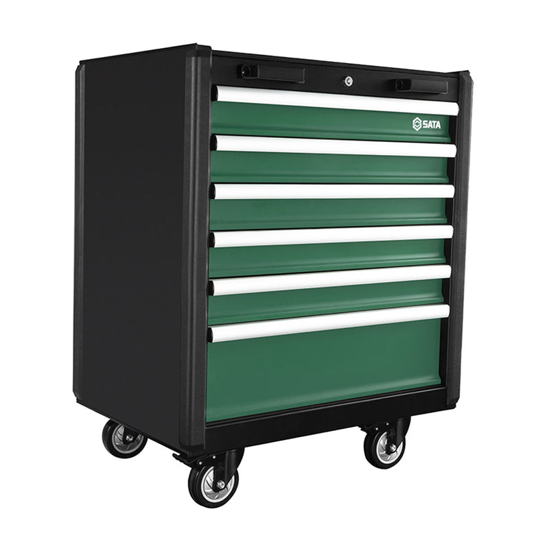Xe đẩy dụng cụ 6 ngăn SATA AE5990-3 màu xanh lá, ray bi mở toàn phần, bánh xe xoay.
