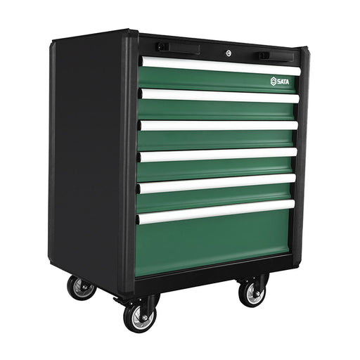 Xe đẩy dụng cụ 6 ngăn SATA AE5990-3 màu xanh lá, ray bi mở toàn phần, bánh xe xoay.