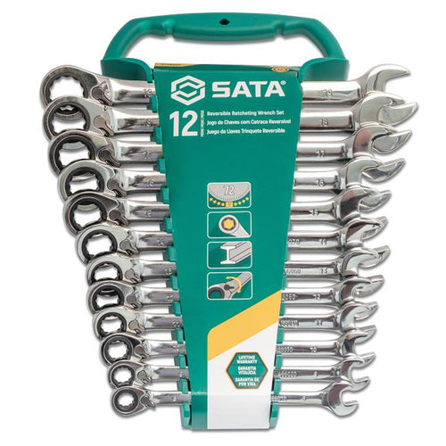 Bộ cờ lê vòng miệng tự động 12 chi tiết SATA ST08044 8-19mm, thép Cr-V, bánh cóc đảo chiều, 5°