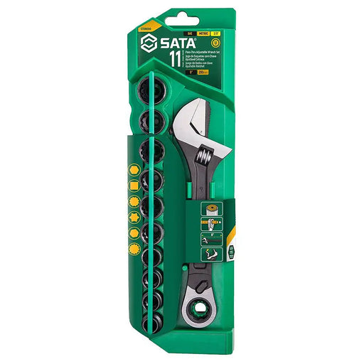Bộ đầu tuýp X6 xuyên tâm SATA ST09000 11 chi tiết, mỏ lết tự động đa năng, thép Cr-V, Black Oxide, bánh cóc 72 răng, góc xoay 5°.