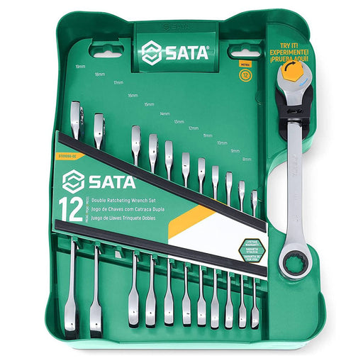 Bộ cờ lê vòng miệng tự động SATA ST09066-02 12 chi tiết mét 8-19mm, Thép Cr-V, Mạ Chrome sáng bóng, Tự động 2 đầu, Đầu mỏng, Khắc laser.