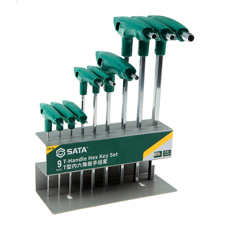 Bộ lục giác tay cầm chữ T SATA ST09118 9 chi tiết 2-10mm, thép SVCM+ cao cấp, đánh bóng gương, tay cầm công thái học chống trượt.