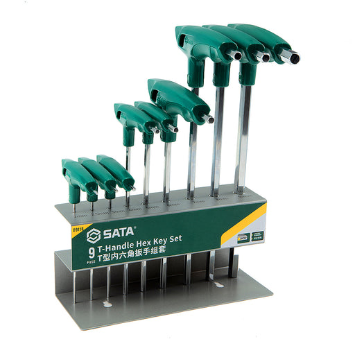 Bộ lục giác tay cầm chữ T SATA ST09118 9 chi tiết 2-10mm, thép SVCM+ cao cấp, đánh bóng gương, tay cầm công thái học chống trượt.