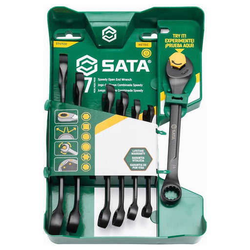 Bộ cờ lê vòng miệng 7 chi tiết SATA ST47530 mét, đen mờ, 8-17mm, đầu vặn nhanh X6-Spline.