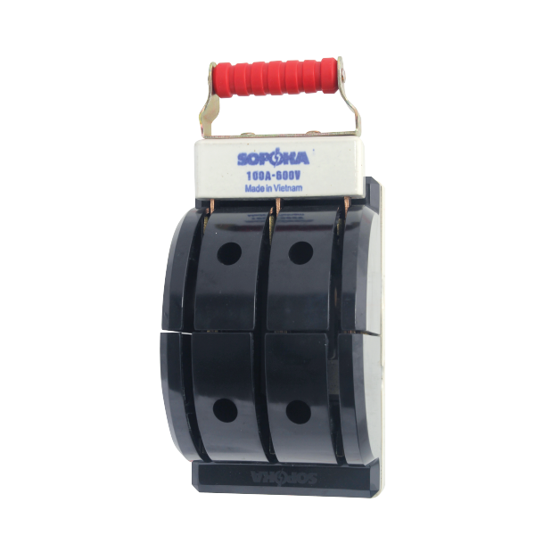 Cầu dao đảo chiều 3 pha SOPOKA 100A-600V vỏ đen, chuyển nguồn công nghiệp 3 cực, tay cầm đỏ.