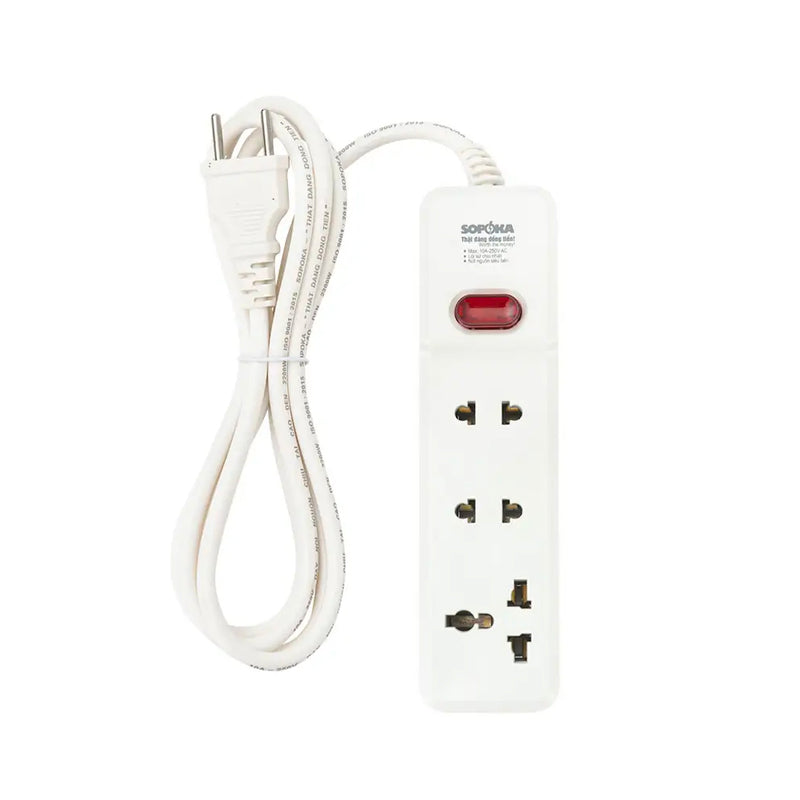 Ổ cắm có dây SOPOKA 3M2 trắng, công suất 2200W, 3 lỗ cắm, chịu tải cao, an toàn cho thiết bị điện gia dụng.
