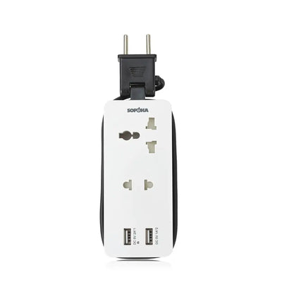 Bộ chia nguồn SOPOKA Q2U di động đa năng, 2 ổ cắm, 2 cổng USB, dây cuộn gọn, phích xoay tiện lợi.