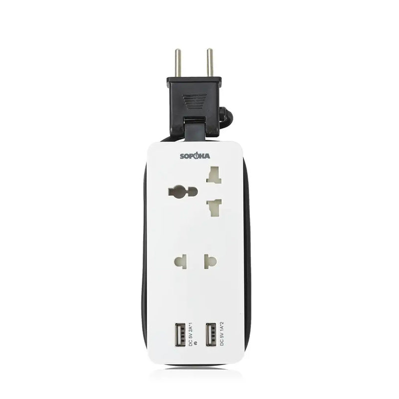 Bộ chia nguồn SOPOKA Q2U di động đa năng, 2 ổ cắm, 2 cổng USB, dây cuộn gọn, phích xoay tiện lợi.