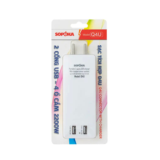 Đầu chia nguồn đa năng SOPOKA Q4U, 4 ổ cắm, 2 cổng sạc USB, phích cắm xoay, chống cháy