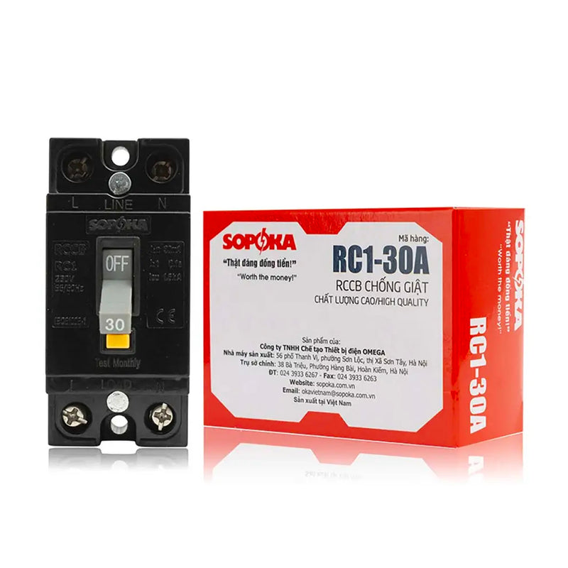 CB cóc chống giật 2P1E Sopoka RC1, tải danh định từ 10A ~ 40A, dòng cắt 1.5kA