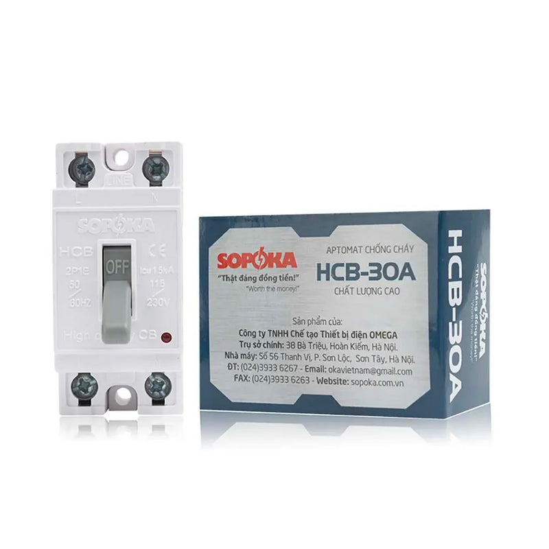 CB cóc 2P1E SOPOKA HCB 30A bảo vệ quá tải, chập mạch cho thiết bị điện gia đình.