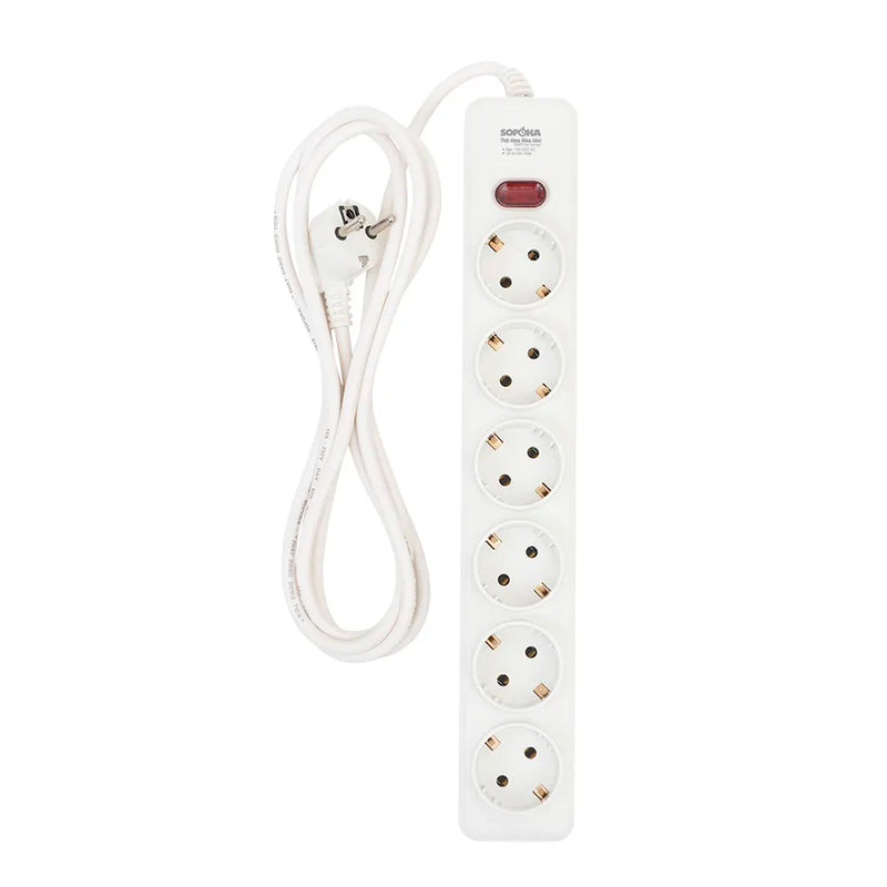 Ổ cắm điện SOPOKA 6N2 6 cổng chuẩn Châu Âu Type F, dây 2.5m/4.5m, chịu tải 10A-250V, chống cháy nổ, an toàn cho gia đình