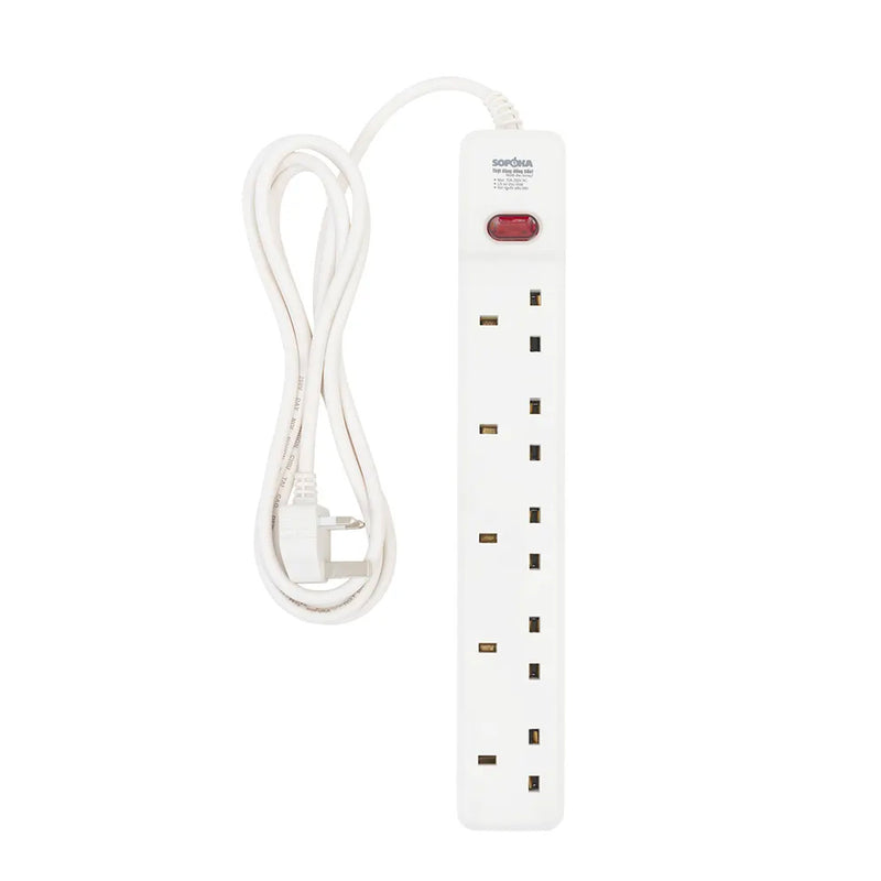 Ổ cắm SOPOKA 5 cổng chuẩn Anh Type G, chịu tải 10A-250V, dây 3m/5m, màu trắng.