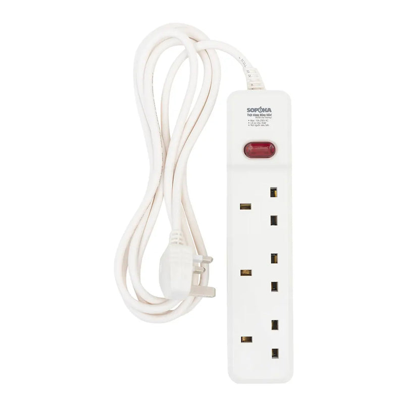 Ổ cắm 3 cổng chuẩn Anh Type G SOPOKA 3E1, dây 3m/5m, 10A-250V, an toàn BS Standard