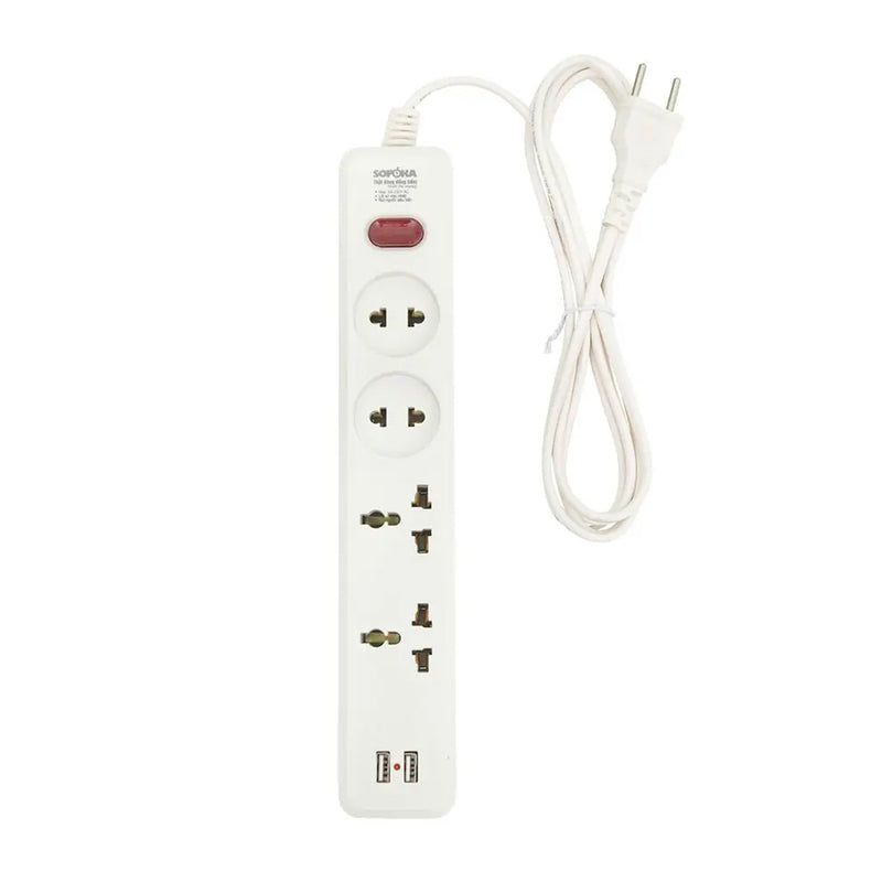 Ổ cắm điện SOPOKA 4U2 trắng có 4 lỗ cắm AC, 2 cổng USB sạc nhanh 3A, công suất 2200W, dây dài 2.5m/4.5m