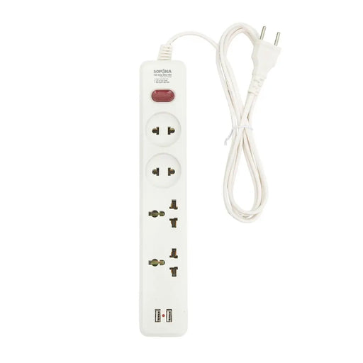 Ổ cắm điện SOPOKA 4U2 trắng có 4 lỗ cắm AC, 2 cổng USB sạc nhanh 3A, công suất 2200W, dây dài 2.5m/4.5m