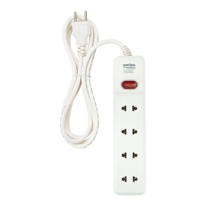 Ổ cắm Sopoka 4H2 có dây dài, 4 lỗ cắm, công suất 2200W, màu trắng, chịu tải cao.