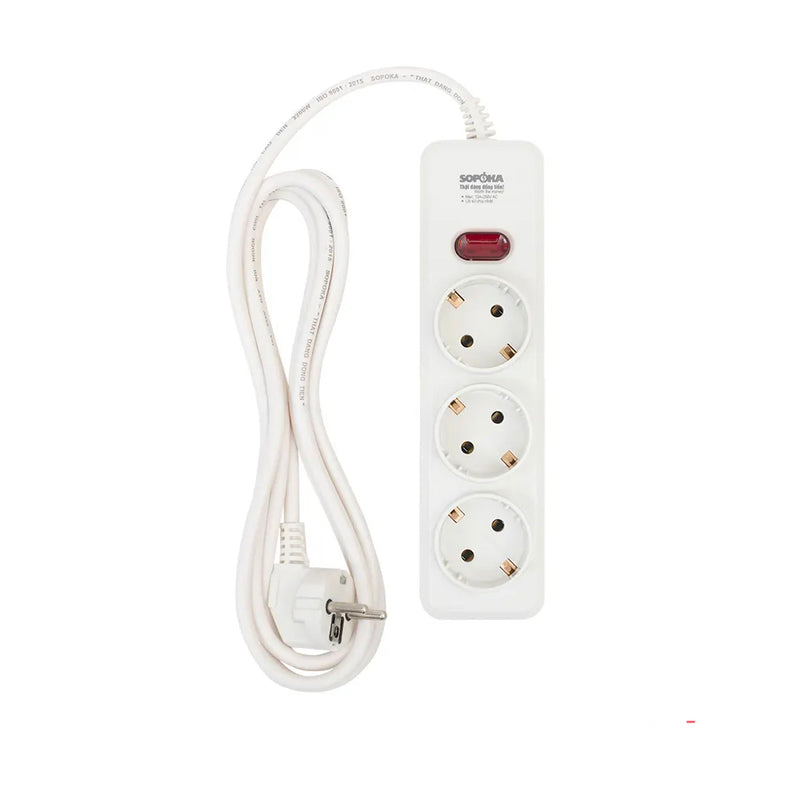 Ổ cắm điện SOPOKA 3N2 3 cổng chuẩn Châu Âu Type F, dây 3m/5m, chịu tải 10A-250V, màu trắng.