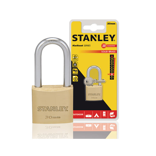 Ổ khóa càng dài STANLEY kích thước từ 20mm - 50mm, thân khóa bằng đồng thau, càng khóa bằng thép cường lực.