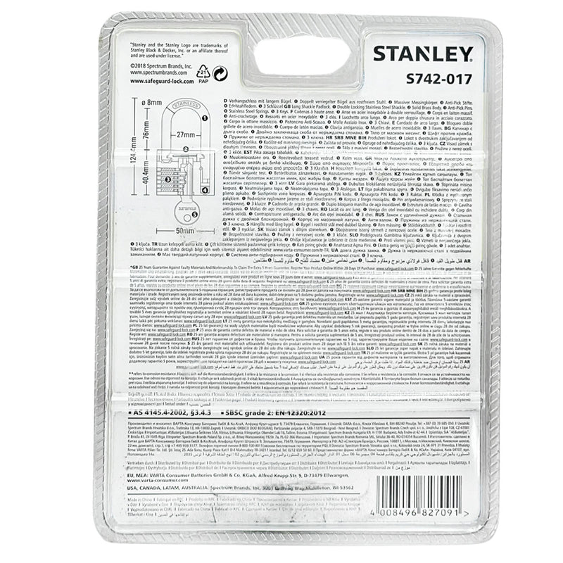 Ổ khóa càng dài STANLEY kích thước từ 30mm - 50mm, thân khóa bằng đồng thau phủ chrome bóng, càng khóa bằng thép cường lực.