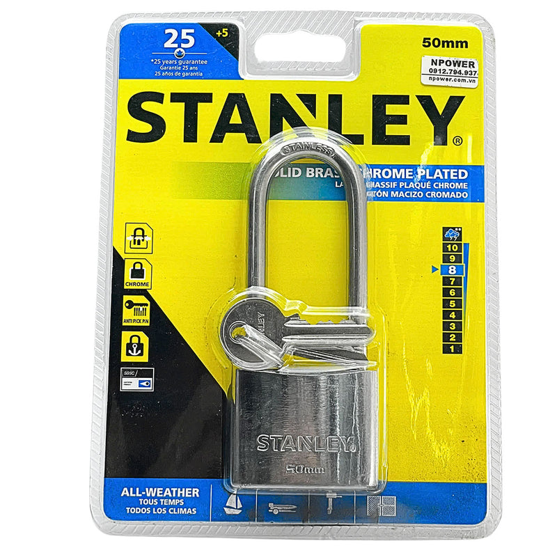 Ổ khóa càng dài STANLEY kích thước từ 30mm - 50mm, thân khóa bằng đồng thau phủ chrome bóng, càng khóa bằng thép cường lực.