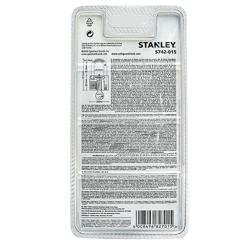 Ổ khóa càng dài STANLEY kích thước từ 30mm - 50mm, thân khóa bằng đồng thau phủ chrome bóng, càng khóa bằng thép cường lực.